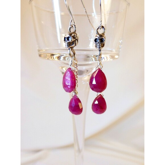 Sterling Silver Skull Genuine Ruby Earrings  Halloween Gothic Handmade OOAK - Picture 1 of 6